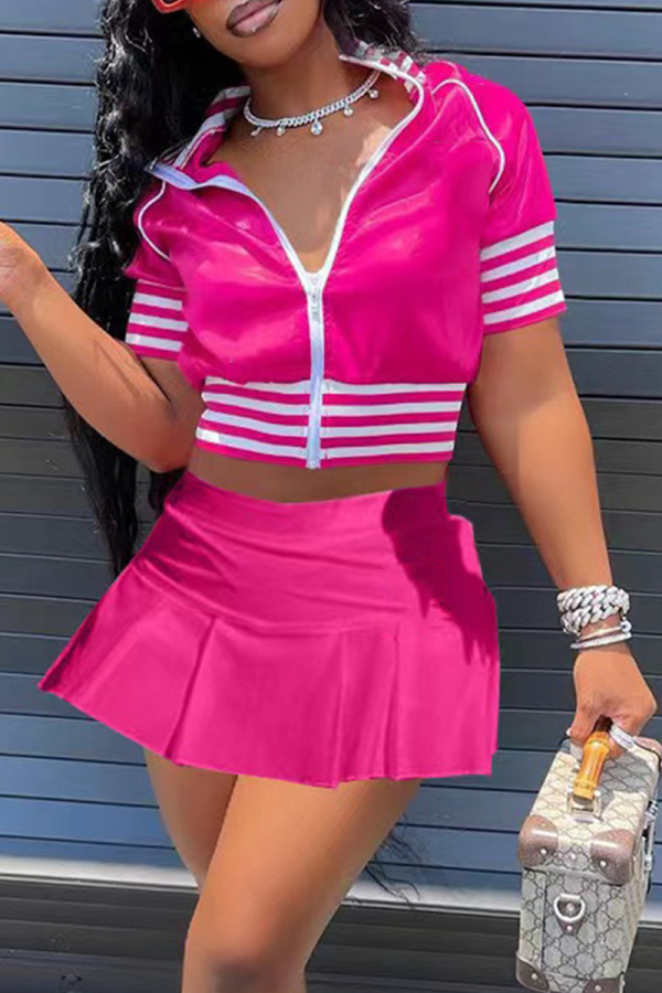 Rose Red Sportswear Solid Patchwork Zipper Collar Short Sleeve Two Pieces
