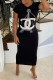 Black Fashion Casual Letter Hot Drill O Neck One Step Skirt Dresses