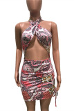 Rose Red Fashion Sexy Print Hollowed Out Backless Halter Sleeveless Dress