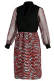 Red Fashion Casual Print Patchwork V Neck Long Sleeve Dresses