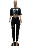 Black Sexy Print Letter O Neck T-Shirts