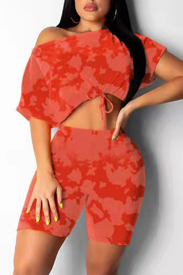 Red Fashion Casual Print Bandage O Neck Short Sleeve Two Pieces