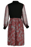 Red Fashion Casual Print Patchwork V Neck Long Sleeve Dresses