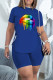 Blue Fashion Casual Lips Printed Bandage O Neck Short Sleeve Two Pieces