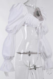 White Sexy Solid Patchwork Frenulum Fold V Neck Tops