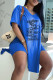 Blue Fashion Casual Print Letter V Neck Short Sleeve Two Pieces