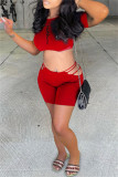 Red Fashion Casual Print Hollowed Out O Neck Short Sleeve Two Pieces