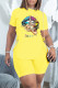 Yellow Fashion Casual Print Bandage O Neck Short Sleeve Two Pieces