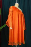 Orange Casual Solid Patchwork One Shoulder Straight Dresses