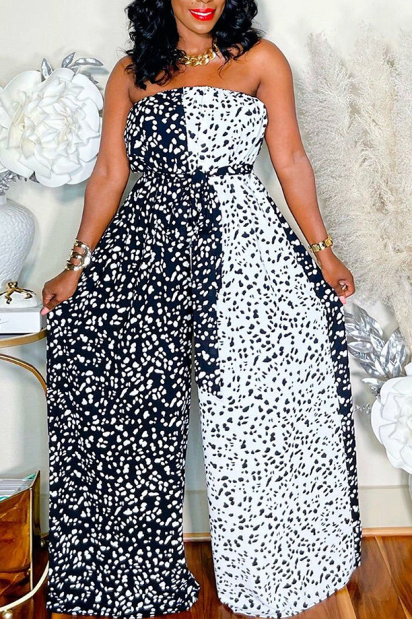 Black Sexy Print Patchwork With Belt Strapless Straight Jumpsuits