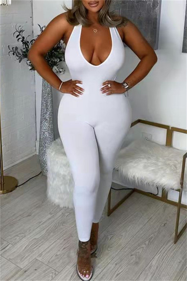White Fashion Sexy Solid Backless Halter Skinny Jumpsuits