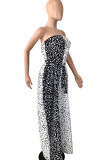 Black Sexy Print Patchwork With Belt Strapless Straight Jumpsuits