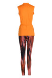 Pink Fashion Sexy Print Hollowed Out Half A Turtleneck Sleeveless Two Pieces