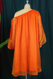 Orange Casual Solid Patchwork One Shoulder Straight Dresses