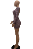 Champagne Sexy Animal Print Backless O Neck Pencil Skirt Dresses