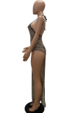 Black Sexy Print See-through Mesh Spaghetti Strap Irregular Dress Dresses