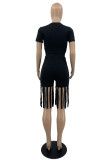 Black Fashion Casual Print Tassel O Neck Short Sleeve Two Pieces