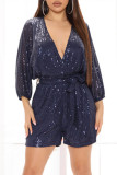 Apricot Fashion Casual Patchwork Sequins V Neck Regular Romper