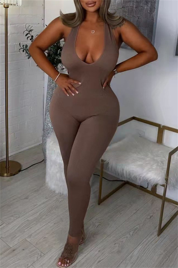 Coffee Fashion Sexy Solid Backless Halter Skinny Jumpsuits