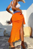 Orange Casual Solid Patchwork Fold Mid Waist Straight Solid Color Bottoms