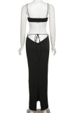 Black Fashion Sexy Solid Bandage Hollowed Out See-through Spaghetti Strap Sleeveless Two Pieces