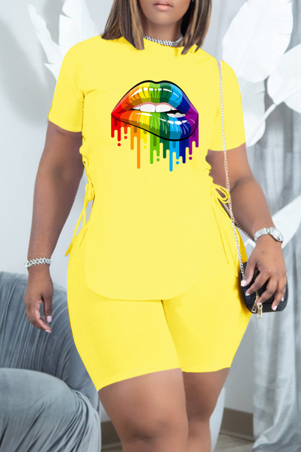 Yellow Fashion Casual Lips Printed Bandage O Neck Short Sleeve Two Pieces