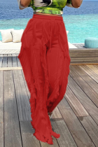 Red Casual Solid Tassel Loose Mid Waist Wide Leg Solid Color Bottoms