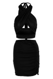 Coffee Fashion Sexy Solid Bandage Backless Halter Sleeveless Two Pieces