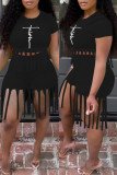Black Fashion Casual Print Tassel O Neck Short Sleeve Two Pieces