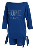 Blue Fashion Casual Letter Hot Drilling Asymmetrical Oblique Collar Two Pieces