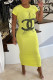Yellow Fashion Casual Letter Hot Drill O Neck One Step Skirt Dresses