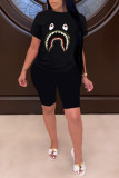 Black Fashion Casual Print Basic O Neck Short Sleeve Two Pieces