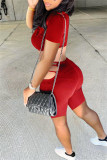 Red Fashion Casual Print Hollowed Out O Neck Short Sleeve Two Pieces