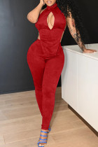 Red Fashion Sexy Solid Bandage Hollowed Out Backless Turtleneck Sleeveless Two Pieces