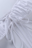 White Sexy Solid Patchwork Frenulum Fold V Neck Tops