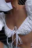 White Sexy Solid Patchwork Frenulum Fold V Neck Tops