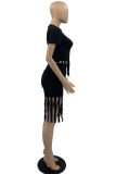 Black Fashion Casual Print Tassel O Neck Short Sleeve Two Pieces