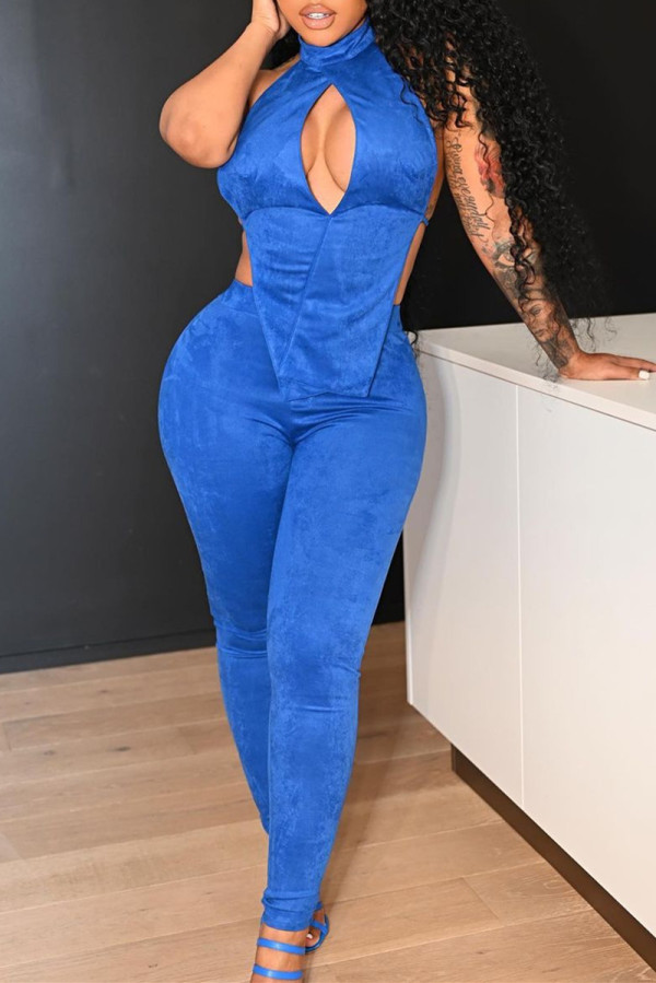 Peacock Blue Fashion Sexy Solid Bandage Hollowed Out Backless Turtleneck Sleeveless Two Pieces