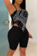 Black Fashion Sexy Print Patchwork Backless Spaghetti Strap Sleeveless Two Pieces