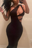 Black Fashion Sexy Solid Hollowed Out One Shoulder Sleeveless Dress