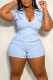 Blue Casual Solid Patchwork Pocket Zipper Collar Straight Rompers