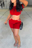 Red Fashion Casual Print Hollowed Out O Neck Short Sleeve Two Pieces