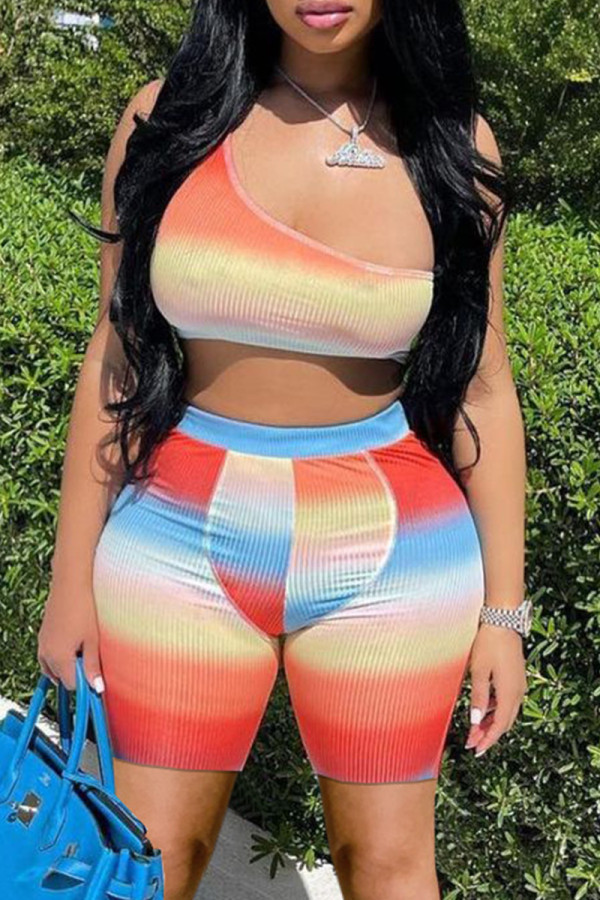 Orange Fashion Sexy Print Patchwork Backless One Shoulder Sleeveless Two Pieces