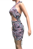 Purple Fashion Sexy Print Hollowed Out Backless Halter Sleeveless Dress