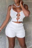 White Sexy Solid Hollowed Out Patchwork Spaghetti Strap Two Pieces