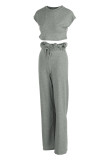 Grey Fashion Casual Solid Basic O Neck Short Sleeve Two Pieces