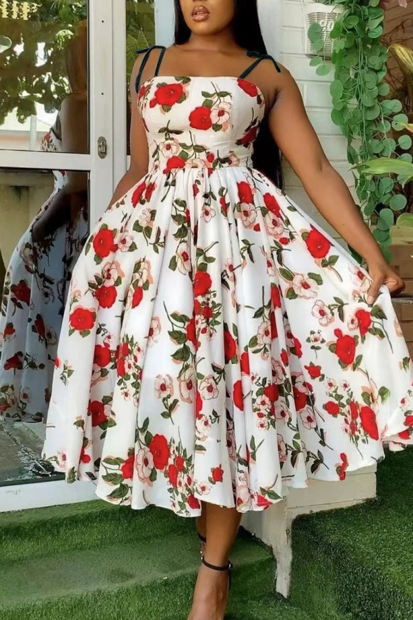 White Sweet Elegant Print Patchwork Spaghetti Strap A Line Dresses
