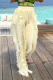 Cream White Casual Solid Tassel Loose Mid Waist Wide Leg Solid Color Bottoms