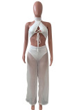 White Sexy Solid Bandage Split Joint See-through Halter Sleeveless Two Pieces