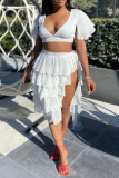 White Sexy Solid Patchwork Slit V Neck Short Sleeve Two Pieces